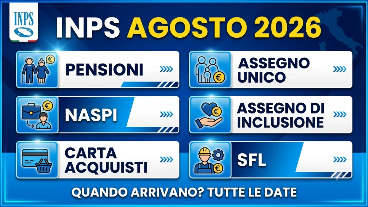 Pagamenti INPS di Agosto 2026: Pensioni, Assegno unico, Naspi, Assegno di Inclusione, Carta Acquisti, SFL