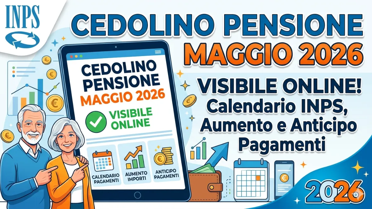 Visibile online Cedolino Pensione di Maggio 2026: calendario INPS, aumento e anticipo dei pagamenti